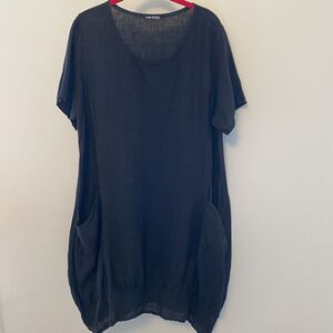 RAW MODA Short Perin Linen Tunic Dress Short Sleeve Scoop Neck Pockets OSFM